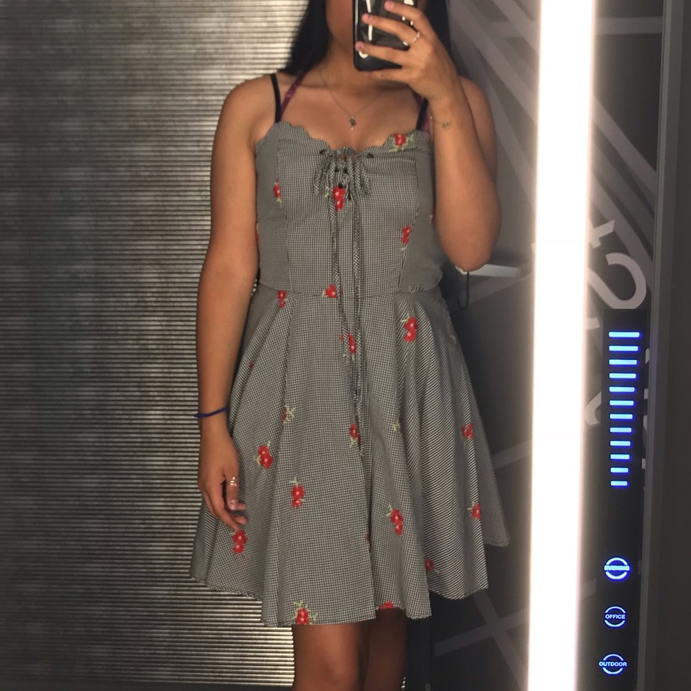 plaid dress with red embroidered flowers